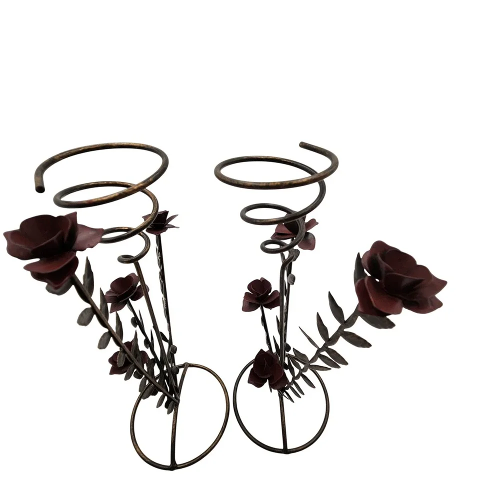 Pair Vtg Metal Rose Flower Votive Candle Holders Spiral Wire Tower Romantic Goth